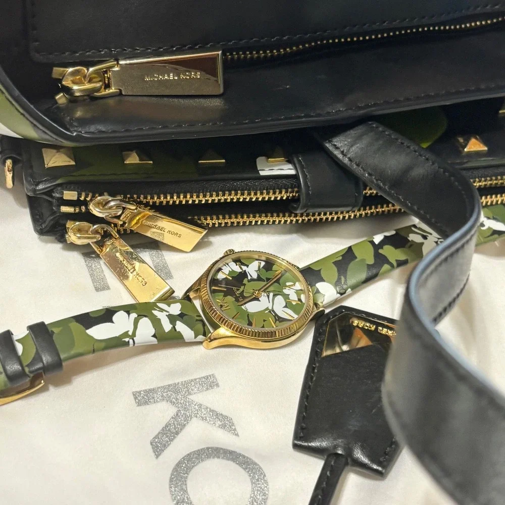 Michael Kors Whitney Tote Wallet Watch Set Womens NS Black Multi 3pc Butterfly